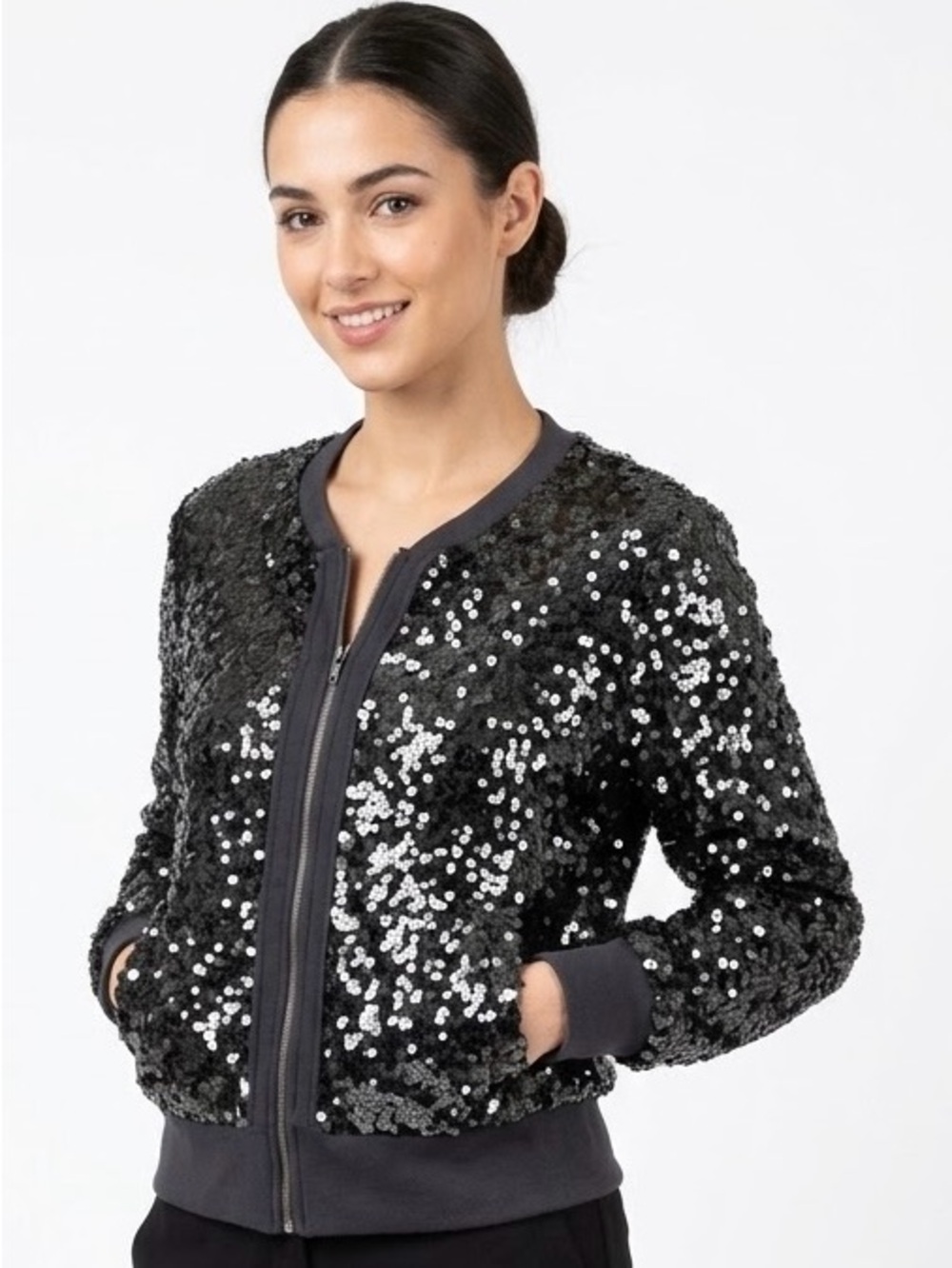 NWT Katia Sequin Zip-Up Bomber Jacket - Charcoal Gray / Black - Size L